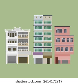 Hong Kong old building. Hong Kong Style Tenement Houses of different shap and shop on the ground floor.