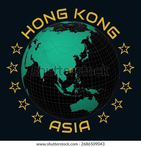 Hong Kong on Globe. Round country and continent name text. Country view on world map in Black Emerald color palette. Hong Kong shape on map. Alive vector illustration.