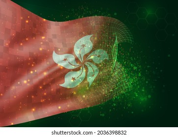 Hong Kong, on vector 3d flag on green background with polygons and data numbers