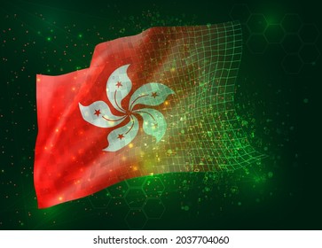 Hong Kong, on vector 3d flag on green background with polygons and data numbers