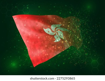 Hong Kong, on vector 3d flag on green background with polygons and data numbers