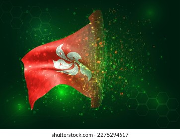 Hong Kong, sobre la bandera del vector 3d sobre el fondo verde con polígonos y números de datos