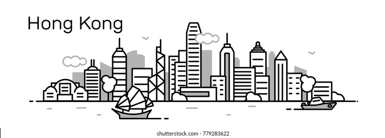 Hong Kong panorama city. Flat line style.Vector illustration