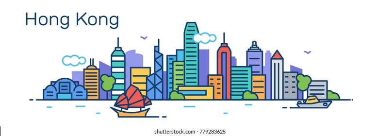 Hong Kong Panorama City. Flat Line Style.Vector Illustration