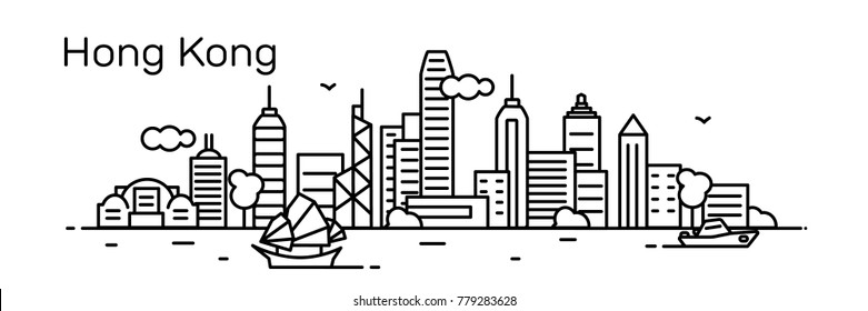 Hong Kong panorama city. Flat line style.Vector illustration