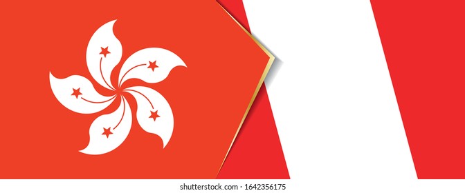 Hong Kong and Peru flags, two vector flags symbol of relationship or confrontation.