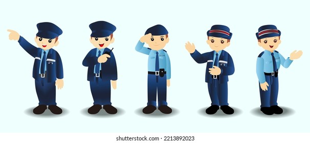 Hong Kong Police man and woman isolated, guard poses set vector illustration. Cartoon young people in cop uniform working.