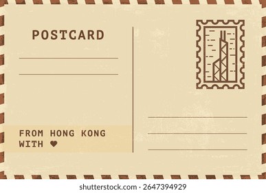From Hong Kong postal card template. Vector grungy vintage style postcard illustration with stamp, skyscraper, landmark, message. Simple flat greetings image layout
