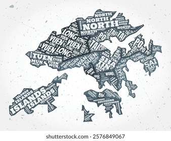Hong Kong regions word clouds. Country shape on textured background. Hong Kong design in typographic style. Elegant vector illustration.