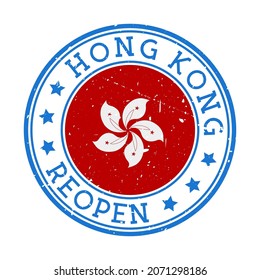 Hong Kong Reopening Stamp. Round badge of country with flag of Hong Kong. Reopening after lock-down sign. Vector illustration.