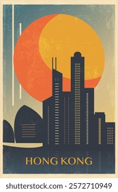 Hong Kong retro city poster with abstract shapes of skyline, skyscrapers. China vintage travel vector illustration, cityscape at sunrise, sunset