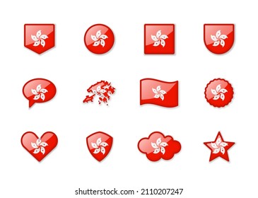 Hong Kong - set of shiny flags of different shapes. Vector illustration
