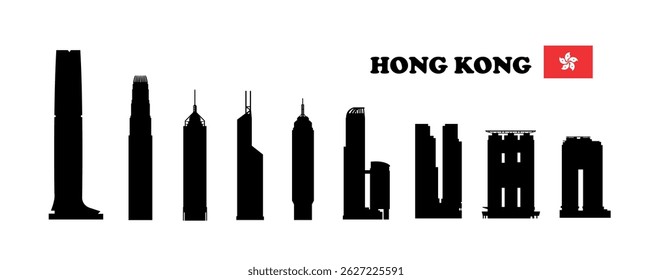 Hong Kong. Conjunto de silhuetas de arranha-céu sobre fundo branco. Ilustração vetorial