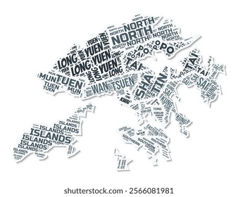 Hong Kong shape text cloud. Country border with shadow on white background. Hong Kong with regions division in vintage gazette style. Classy vector illustration.