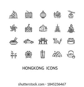 Hong Kong Sign Thin Line Icon Set Include of Tea Ceremony and Dragon. Vector illustration of Icons