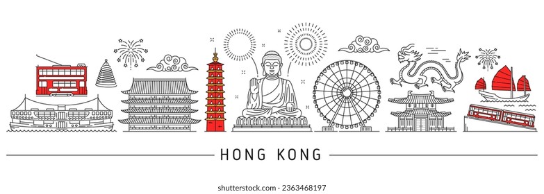 Hong Kong silhouette. Cantonese travel landmarks and buildings cityscape. Vector line Hong Kong city Big Buddha statue, temple and pagoda tower, tram, junk boat and ferry, clouds, dragon and fireworks