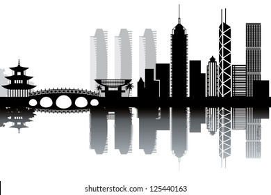 Hong Kong skyline - black and white vector illustration