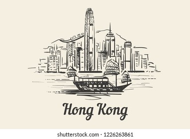 Hong Kong skyline with boat hand drawn sketch ilustration.