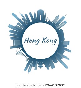 Hong Kong skyline with colorful buildings. Circular style. Stock vector illustration.