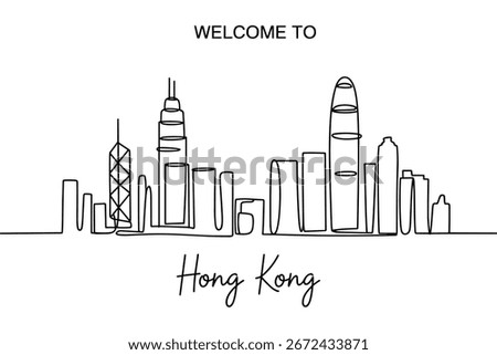 Hong Kong skyline continuous line drawing with welcome text
