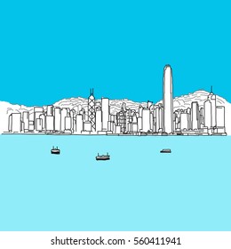 Línea aérea de Hong Kong, dibujo vectorial a mano, serie azul