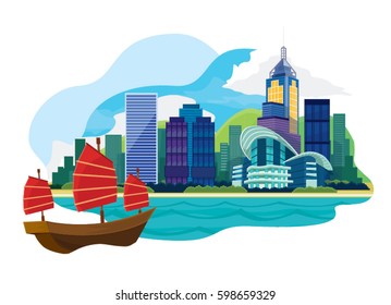 Hong Kong skyline with junk boat