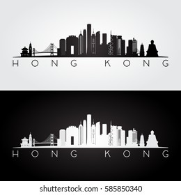 Horizonte de Hong Kong e marcos silhueta, design preto e branco, ilustração vetorial.