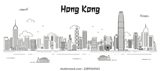 Hong Kong skyline line art vector illustration