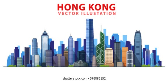 Hong kong skyline with panorama in white background. Vector Illustration. Business travel and tourism concept with modern buildings. Image for presentation, banner, web site.