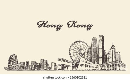 Hong Kong Skyline, People's Republic Of China, Hand Drawn Vector Illustration, Sketch