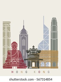 Hong Kong skyline poster in editable vector file