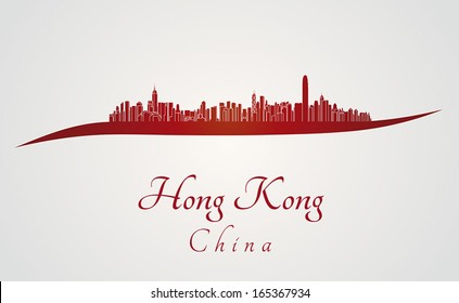 Hong Kong skyline in red and gray background in editable vector file