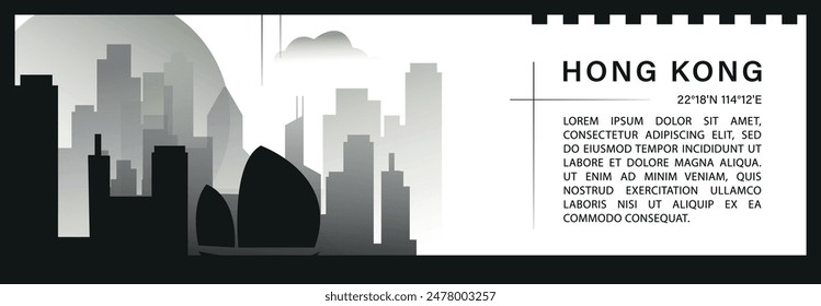 Anuncio de Vector del horizonte de Hong Kong, silueta minimalista del paisaje urbano en blanco y negro. Gráfico Horizontal de la ciudad de China, infografía de viaje, diseño monocromo para el Sitio web