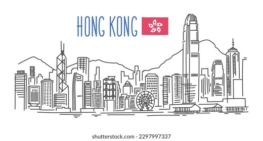 Hong Kong Skyline vector drawing. Illustration isolated on white background. Outline stroke is not expanded, stroke weight is editable