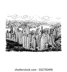 Hong Kong skyline from Victoria Peak. Vector hand drawn sketch.