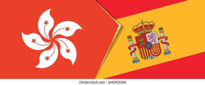Die Flagge Hongkongs und Spaniens, zwei Vektorillustrationen Flaggen Symbol für Beziehung oder Konfrontation.