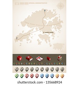 Hong Kong Special Administrative  and Asia maps, plus extra set of isometric icons & cartography symbols set