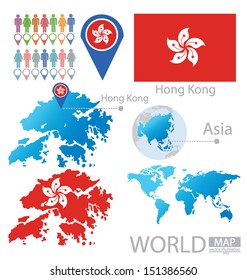 Hong Kong. Hong Kong Special Administrative Region of the PeopleÃ¢Â?Â?s Republic of China. flag. Asia. World Map. vector Illustration.