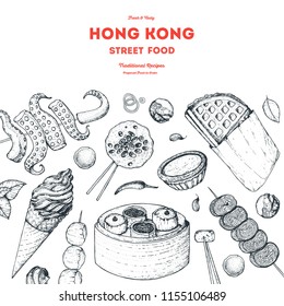 Hong kong street food . Chinese food menu design template. Vintage hand drawn sketch, vector illustration. Engraved style illustration. Asian street food sketch.