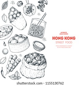 Hong kong street food. Chinese food menu design template. Vintage hand drawn sketch, vector illustration. Engraved style illustration. Asian street food sketch.