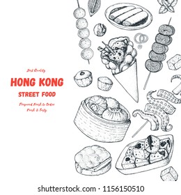 Hong kong street food. Chinese food menu design template. Vintage hand drawn sketch, vector illustration. Engraved style illustration. Asian street food sketch.