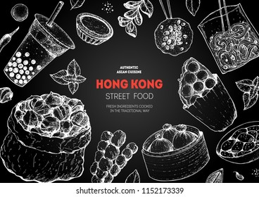 Hong kong street food frame. Chinese food menu design template. Vintage hand drawn sketch, vector illustration. Engraved style illustration. Asian street food sketch.