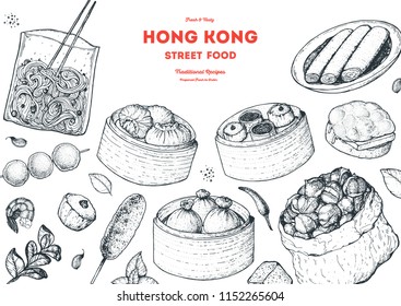 Hong kong street food frame. Chinese food menu design template. Engraved style illustration. Asian street food sketch.  Vintage hand drawn sketch, vector illustration.