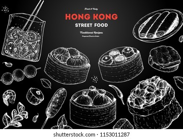 Hong kong street food frame. Chinese food menu design template. Engraved style illustration. Asian street food sketch. Vintage hand drawn sketch, vector illustration.