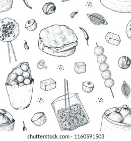 Hong kong street food. Seamless pattern. Chinese food menu design template. Engraved style illustration. Asian street food sketch. Vintage hand drawn sketch, vector illustration.