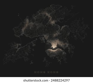  Mapa de farolas de Hong Kong. Vista satelital de la ciudad moderna por la noche. Imitación de la visión Aéreas en la red de carreteras. Imagen de Vector