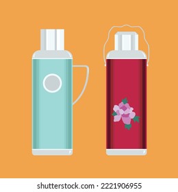 Hong Kong style water bottles for hot drink, coffee or tea. Colorful Thermal flask vector illustration. Thermos bottle isolated on orange background. Asian tranditional flower pattern on the thermo.