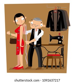 A Hong Kong tailor gets length measurement of his client