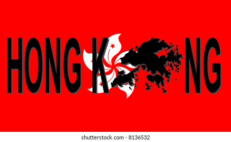 Texto de Hong Kong con mapa en la ilustración de la bandera