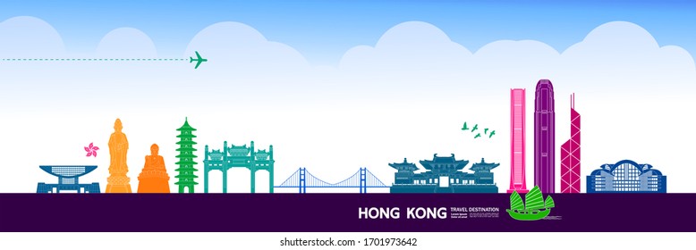 Hong Kong travel destination grand vector illustration. 